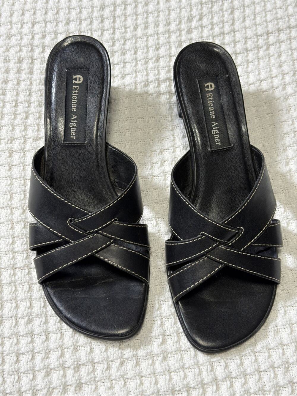 ETIENNE AIGNER Black Block Leather Slides Womens Shoes Size 7.5M HOUSTON Heels